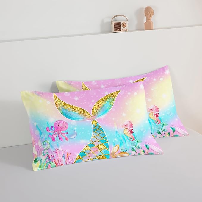 HOSIMA Mermaid Comforter with 2 Pillowcases,Girly Rainbow Bedding Set Mermaid Tail Comforter,Glitter Gold Fish Scales Queen Comforter Set,Cute Sea Animal Octopus Seahorse Comforter for Kids Teens. - LeafyLoom