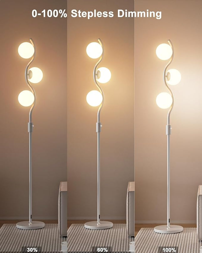 Lightdot 60IN Dimmable (Brightness Adjustable) White Floor Lamp, Mid Century Standing Lamps with 3 Globe Soft Warm White Eye Care 3000K Bulbs Included, Modern Tall Lamp for Bedroom Office - LeafyLoom