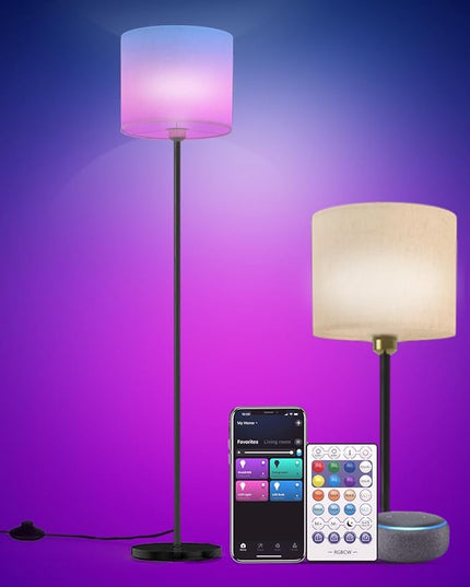 Floor lamp for living Room Compatible with Alexa & Google, White Linen Lamp Shade LED Bright Tall Standing Smart Floor Lamp with Remote for Bedroom Office, Modern Color Changing Dimmable WiFi Light. - LeafyLoom
