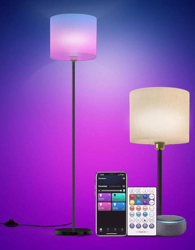 Floor lamp for living Room Compatible with Alexa & Google, White Linen Lamp Shade LED Bright Tall Standing Smart Floor Lamp with Remote for Bedroom Office, Modern Color Changing Dimmable WiFi Light. - LeafyLoom