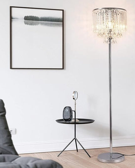 Modern Elegance Crystal Floor Lamp, On/Off Foot Switch, Crystal & Glass 3-Lights Standing Light, Reading Corner Lamp for Office Cafe, Den, Living Room Bedroom Chrome Finish - LeafyLoom