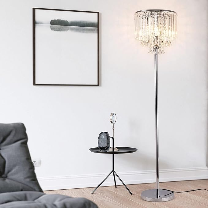 Modern Elegance Crystal Floor Lamp, On/Off Foot Switch, Crystal & Glass 3-Lights Standing Light, Reading Corner Lamp for Office Cafe, Den, Living Room Bedroom Chrome Finish - LeafyLoom