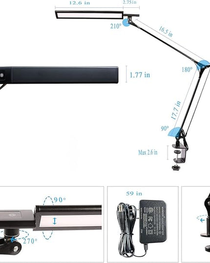 LED Desk Lamp, Architect Task Lamp, 12W Eye-Caring Metal Swing Arm Dimmable Drafting Table Lamp with Clamp,Touch Control Desk Lamp, Study Reading Work Office Workbench - LeafyLoom