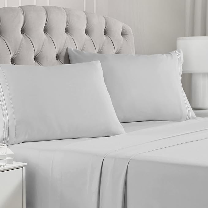 Mellanni Split King Sheets Set - 5 PC Iconic Collection Bedding Sheets & Pillowcases - Hotel Luxury, Extra Soft, Cooling Bed Sheets - Deep Pocket up to 16 inch (Split King, Light Gray) - LeafyLoom