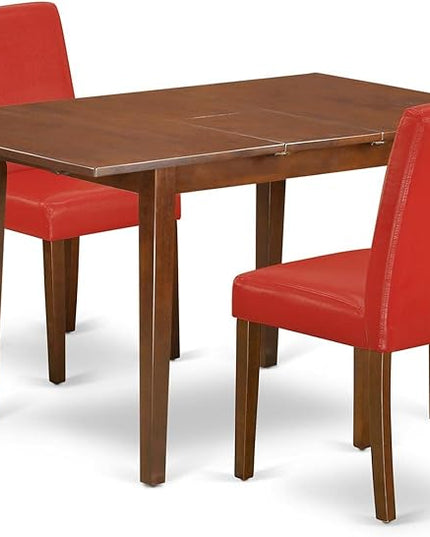 East West Furniture MLAB3-MAH-72 Milan 3 Piece Kitchen Set Contains a Rectangle Dining Room Table with Butterfly Leaf and 2 Firebrick Red Faux Leather Parsons Chairs, 36x54 Inch - LeafyLoom