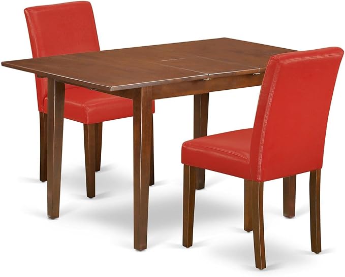 East West Furniture MLAB3-MAH-72 Milan 3 Piece Kitchen Set Contains a Rectangle Dining Room Table with Butterfly Leaf and 2 Firebrick Red Faux Leather Parsons Chairs, 36x54 Inch - LeafyLoom