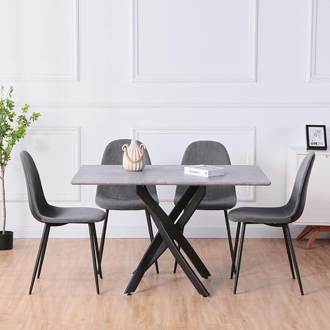 Grey Marble Dining Table with Black Metal Legs, 47" Modern Rectangular Kitchen Table for Dining Room Kitchen - LeafyLoom