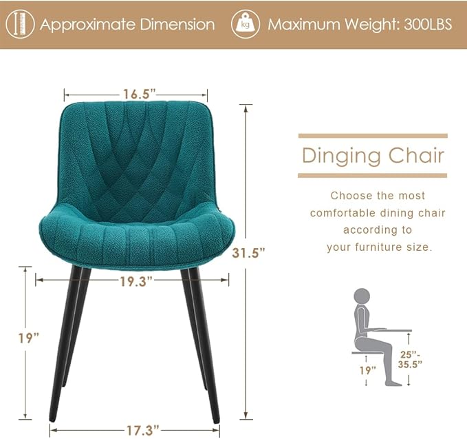 YOUNUOKE Comfortable Dining Chairs Set of 2, Mid-Century Modern Kitchen Dining Room Chairs, Upholstered Backrest Boucle Dining Chair with Black Metal, Pine Green - LeafyLoom