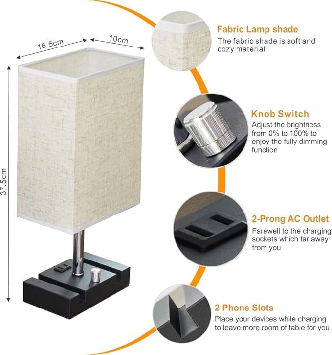 Fully Dimmable Table lamp, Lamps with Two Phone Stands and AC Outlet, Bedside Lamp with Two LED Bulb for Bedroom, Living Room,Study(Set of 2) Fabric - LeafyLoom