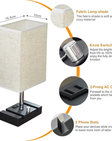 Fully Dimmable Nightstand Lamp for Bedroom with AC Outlet, Table Lamp with Two Phone Stands, Bedside Lamps, Desk Lamp for Bedroom, Living Room, LED Bulb Included Cream - LeafyLoom