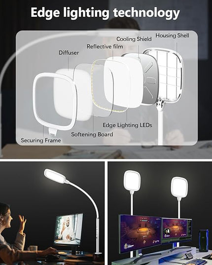 Hapfish LED Desk Lamps for Home Office, Clamp Desk Video Conference Light for Computer Zoom Meetings, Dimmable, Top Bright, Rotatable, Large Lighting Area, Clip on Table Lamp for Monitor, Study, Work - LeafyLoom