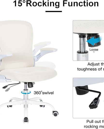 Desk Chair Mesh Office Chair with Flip-up Arms Mid Back Swivel Computer Chair Home Office Work Chair Girls Women's Desk Chair (White) - LeafyLoom