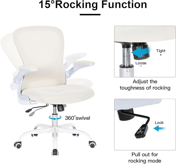 Desk Chair Mesh Office Chair with Flip-up Arms Mid Back Swivel Computer Chair Home Office Work Chair Girls Women's Desk Chair (White) - LeafyLoom