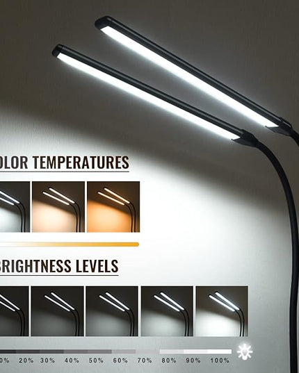 Desk Lamp, Clamp on Lamp with 2 LED Tubes, 13W, 1200 Lms, 3 Color Modes, 10 Brightness Levels, 18.5 Inches Flexible Gooseneck LED Clip Book Light for Reading, Working (Adapter Included) - LeafyLoom
