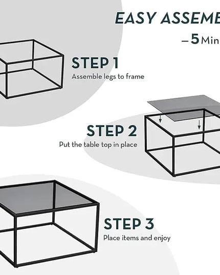SAYGOER Glass Coffee Table, Small Modern Coffee Table Square Simple Center Tables for Living Room 26.7 x 26.7 x 15.7 Inches, Gray Black - LeafyLoom