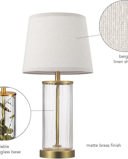 Globe Electric 61000063 20" Fillable Ribbed Glass Table Lamp, Matte Brass Accents, Beige Linen Shade, On/Off Rotary Switch on Socket, for Living Room, Bedroom, Office, Home Décor - LeafyLoom