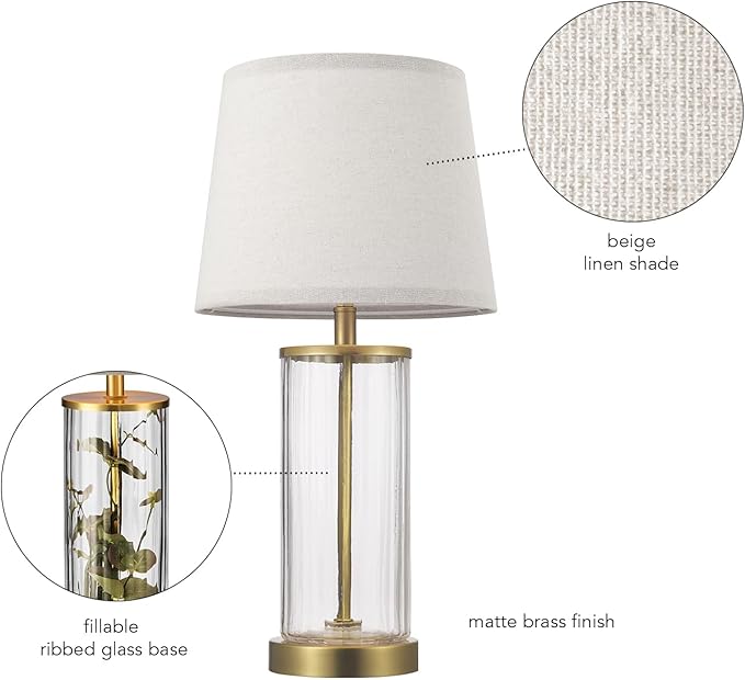 Globe Electric 61000063 20" Fillable Ribbed Glass Table Lamp, Matte Brass Accents, Beige Linen Shade, On/Off Rotary Switch on Socket, for Living Room, Bedroom, Office, Home Décor - LeafyLoom