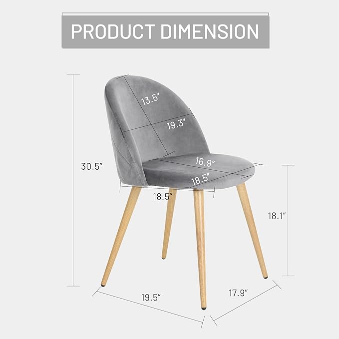 FurnitureR Upholstered Velvet Dining Chair Mid Back Armless with Wood Legs for Home Kitchen Bedroom Living Room, Set of 2, Grey - LeafyLoom