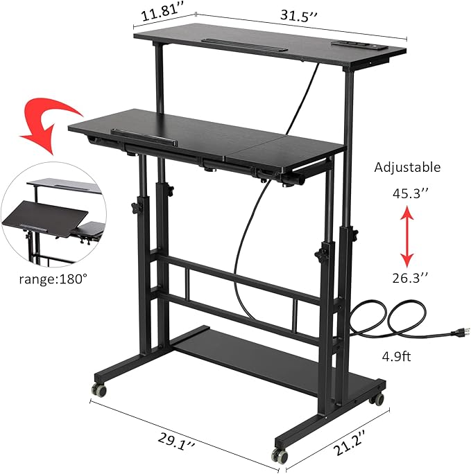 Hadulcet Stand Up Desk, Rolling Desk Adjustable Height, Mobile Standing Desk with Wheels & Charging Station, Portable Desk for Laptop, Rolling Computer Cart TV Tray, Small Standing Desk Drawing Desk - LeafyLoom