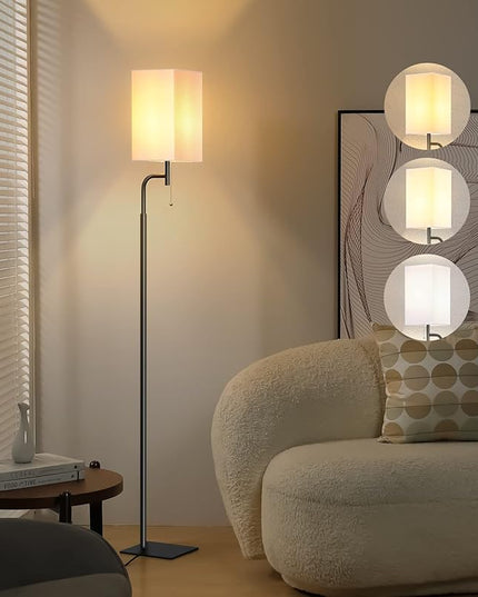 Floor Lamps for Living Room, 3 Color Temperatures Tall Lamp, Modern Standing Lamp for Bedroom, Square Linen Shade, Minimalist Pole Lamp for Office Kids Room Working Reading - LeafyLoom