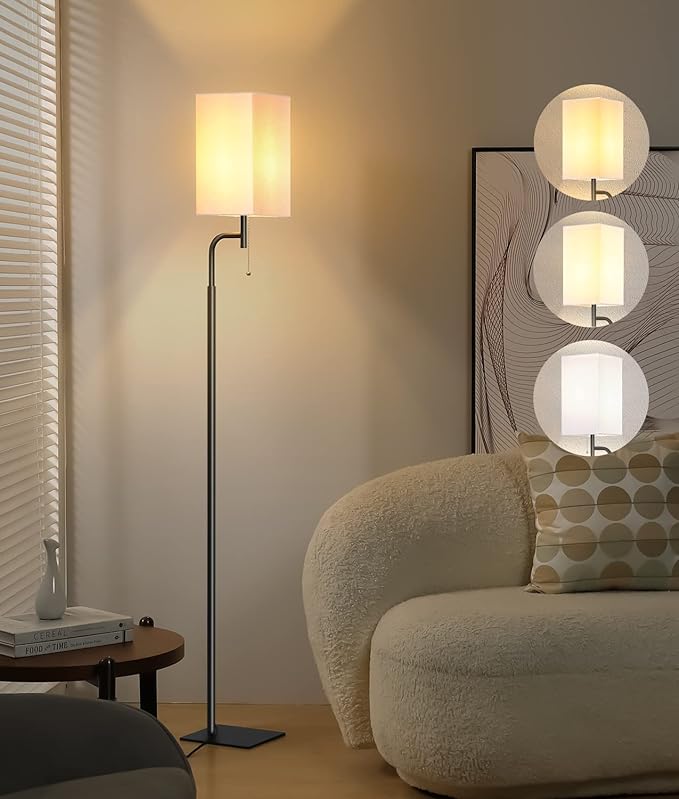 Floor Lamps for Living Room, 3 Color Temperatures Tall Lamp, Modern Standing Lamp for Bedroom, Square Linen Shade, Minimalist Pole Lamp for Office Kids Room Working Reading - LeafyLoom
