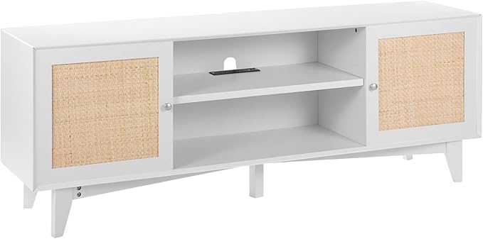 VEVOR Rattan TV Stand for 75in TV, Boho TV Stand with Rattan Door, Entertainment Center with Build-in Socket, Storage Cabinet with 2 Shelves, Modern TV Console for Living Room, Media Room, White - LeafyLoom