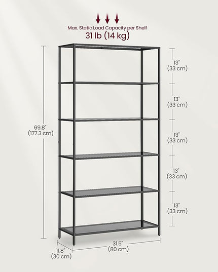 VASAGLE Bookcase, 6-Tier Bookshelf, Slim Shelving Unit for Bedroom, Bathroom, Home Office, Tempered Glass, Steel Frame, Ink Black and Slate Gray ULGT503G01 - LeafyLoom