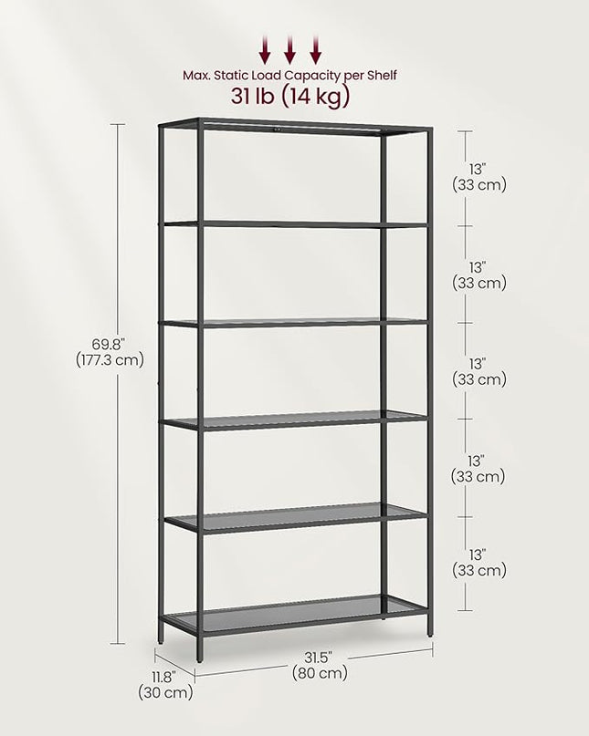 VASAGLE Bookcase, 6-Tier Bookshelf, Slim Shelving Unit for Bedroom, Bathroom, Home Office, Tempered Glass, Steel Frame, Ink Black and Slate Gray ULGT503G01 - LeafyLoom