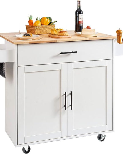 VEVOR Kitchen Island Cart with Solid Wood Top, 35.4" Width Mobile Carts with Storage Cabinet, Rolling Kitchen Table with Spice Rack, Towel Rack, Drop Leaf and Drawer, Portable Islands on Wheels, White - LeafyLoom