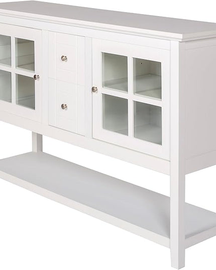 Walker Edison Charlotte Classic Glass Door Storage Buffet, 52 Inch, White - LeafyLoom