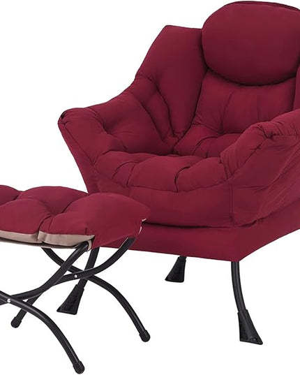 Welnow Lazy Chair with Ottoman, Modern Lounge Accent Chair with Armrests and a Side Pocket, Leisure Upholstered Sofa Chair Set, Reading Chair with Footrest for Small Space, Burgundy - LeafyLoom