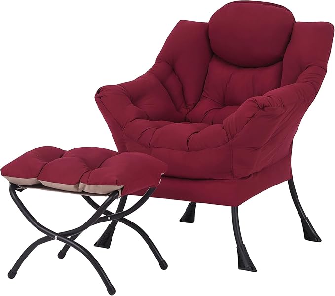 Welnow Lazy Chair with Ottoman, Modern Lounge Accent Chair with Armrests and a Side Pocket, Leisure Upholstered Sofa Chair Set, Reading Chair with Footrest for Small Space, Burgundy - LeafyLoom