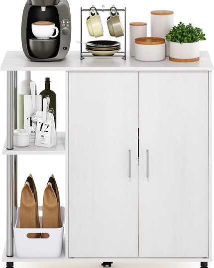 Furinno Helena Utility Kitchen Island and Storage Cart on Wheels, 3-Tier, Stainless Steel Tubes, White Oak/Chrome - LeafyLoom