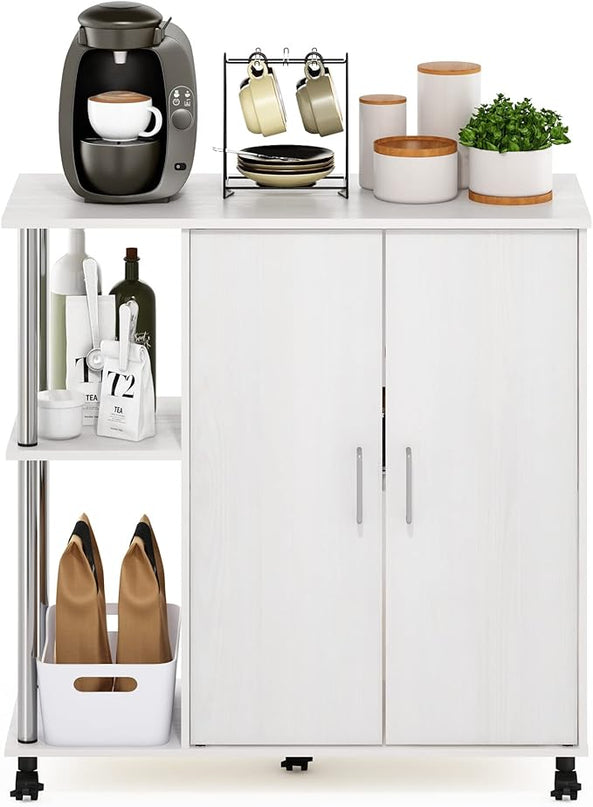 Furinno Helena Utility Kitchen Island and Storage Cart on Wheels, 3-Tier, Stainless Steel Tubes, White Oak/Chrome - LeafyLoom
