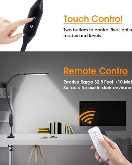KEDSUM LED Desk Lamp with Clamp, Flexible Gooseneck Clamp Lamp with Touch & Remote Control, 10W Eye-Care Architect Desk Lamp for Office/Home, with 5 Color Modes, 5-Level Brightness & Memory Function - LeafyLoom