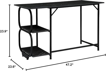 Black Marble 47inch Computer Desk Writing Workstation Home Office Table with 2-Tier Storage Shelves for Small Space - LeafyLoom