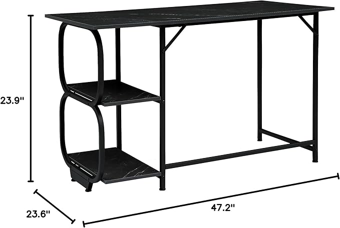 Black Marble 47inch Computer Desk Writing Workstation Home Office Table with 2-Tier Storage Shelves for Small Space - LeafyLoom