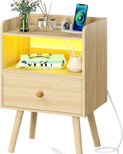 Yoobure Nightstand with Charging Station, Modern Night Stand with LED Lights, Wood Nightstands with Fabric Drawer & Storage Shelf, Night Stands Bedside Table with USB Ports for Bedroom, Office, Home - LeafyLoom