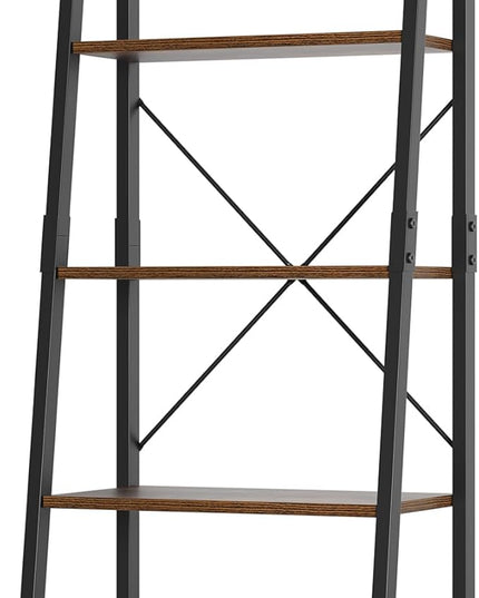 finetones 5-Tier Ladder Shelf, Ladder Bookshelf Bookcase with Metal Frame, Plant Rack Display Shelf Accent Furniture for Home Office, Black/Rustic Brown - LeafyLoom
