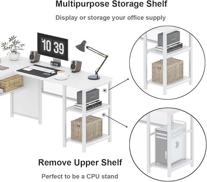 FATORRI L Shaped Computer Desk, Reversible Modern Corner Desk for Home Office, Rustic Wood and Metal Desk with Storage, White Oak (59 Inch) - LeafyLoom