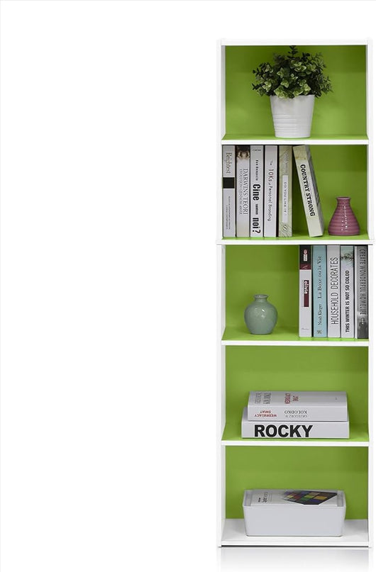 Furinno Luder Bookcase / Book / Storage , 5-Tier, White/Green - LeafyLoom