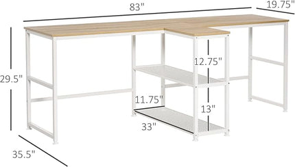 HOMCOM 83" Two Person Computer Desk with 2 Storage Shelves, Double Desk Workstation with Book Shelf, Long Desk Table for Home Office, Natural - LeafyLoom