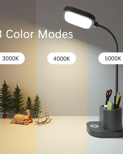 LED Desk Lamp for Home Office with USB Charging Port, Rechargeable Powered Table Lamp Battery Operated Cordless Reading Lamp, Pen Holder, 3 Way Dimmable, Bright, Tall, Flexible, Gooseneck, Black - LeafyLoom