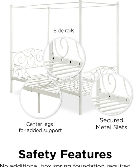 DHP Metal Canopy Kids Platform Bed with Four Poster Design, Scrollwork Headboard and Footboard, Underbed Storage Space, No Box Sring Needed, Twin, White - LeafyLoom