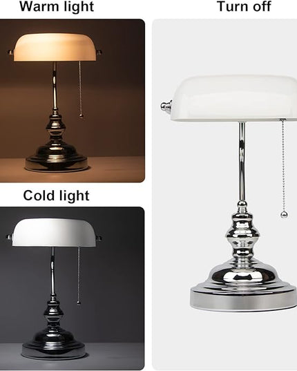 FIRVRE Bankers Lamp White Shade, Bankers Desk Lamp Library Lamp with Pull Chain, Vintage Desk Lamp for Office, Study Room - LeafyLoom