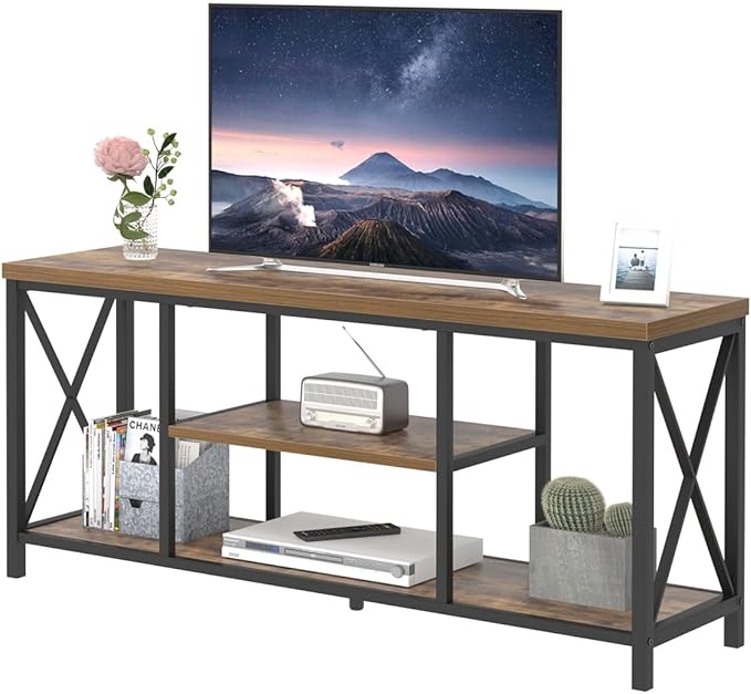 55 Inch TV Stand for Televisions up to 65 Inch, Modern Entertainment Center with Storage Shelves, Industrial Media TV Console for Living Room, Bedroom, Rustic Brown - LeafyLoom