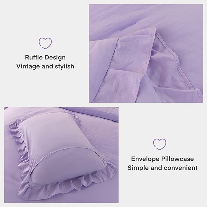 Andency Lavender Ruffle Comforter Full(79x90Inch), 3 Pieces(1 Ruffled Comforter and 2 Pillowcases) Solid Farmhouse Shabby Chic Comforter, Vintage Rustic Soft Microfiber Bedding Set - LeafyLoom