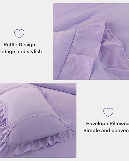 Andency Lavender Ruffle Comforter Queen(90x90Inch), 3 Pieces(1 Ruffled Comforter and 2 Pillowcases) Solid Farmhouse Shabby Chic Comforter, Vintage Rustic Soft Microfiber Bedding Set - LeafyLoom