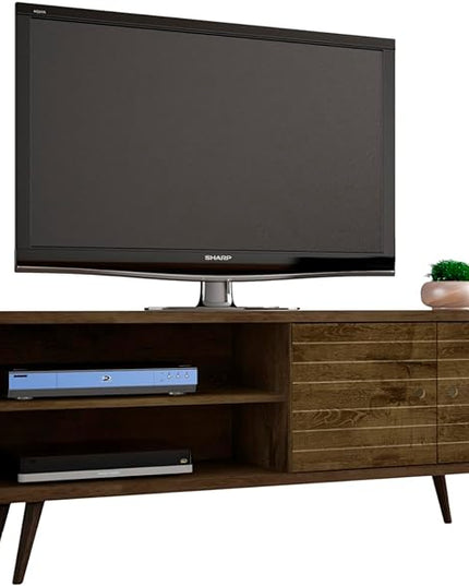 Manhattan Comfort Liberty Mid Century Modern TV Stand for Televisions up to 60 Inches, Bedroom and Living Room Entertainment Center with Storage, Shelves, and Cabinet, 201AMC: 62.99 Inch, Rustic Brown - LeafyLoom
