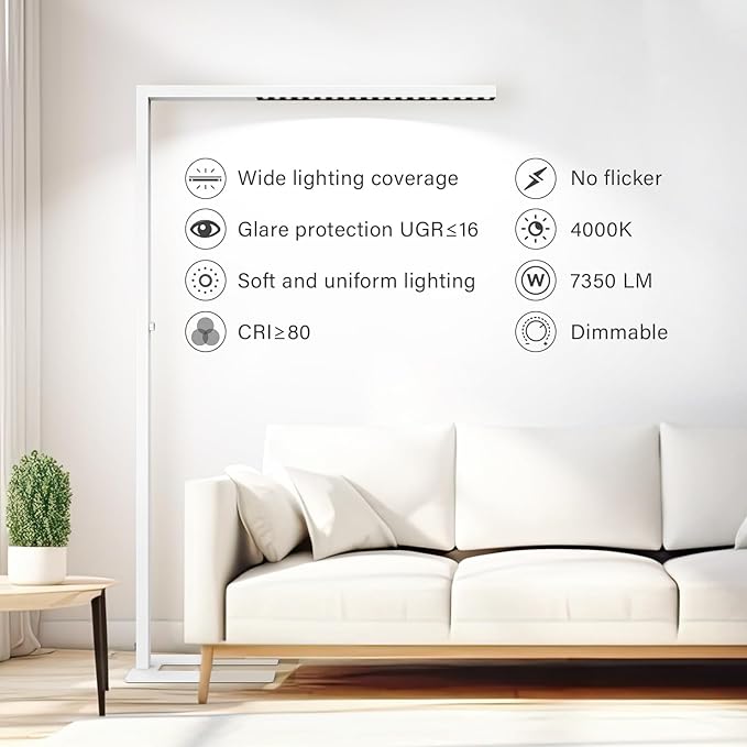 STERREN 77" LED Floor Lamp for Office, 7350LM Dimmable Eye-care Standing Piano Lamp,70W Tall Reading Light, 4000K Bright Lighting for Living Room - White - LeafyLoom